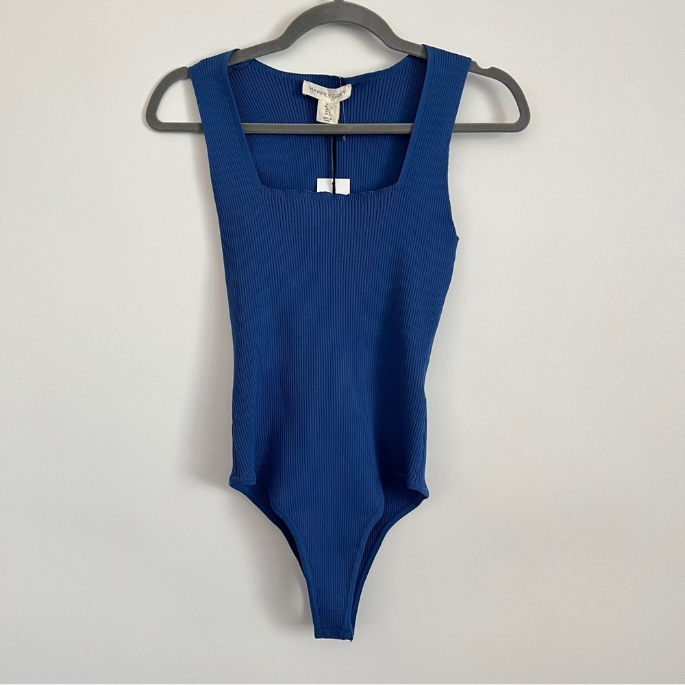 Happily Grey Ribbed Tank Blue Bodysuit Snap On Juniors Size Large NWT
